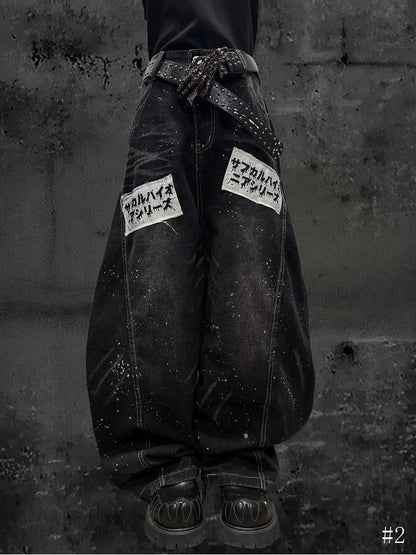 Text Accents Jeans Vintage Black Splatter Applique Wide-Leg with