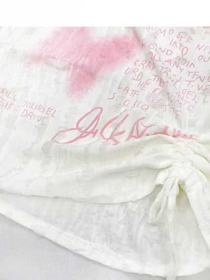 非対称Y2KビタースイートネックラインレターバタフライTシャツオフホワイトとプリント