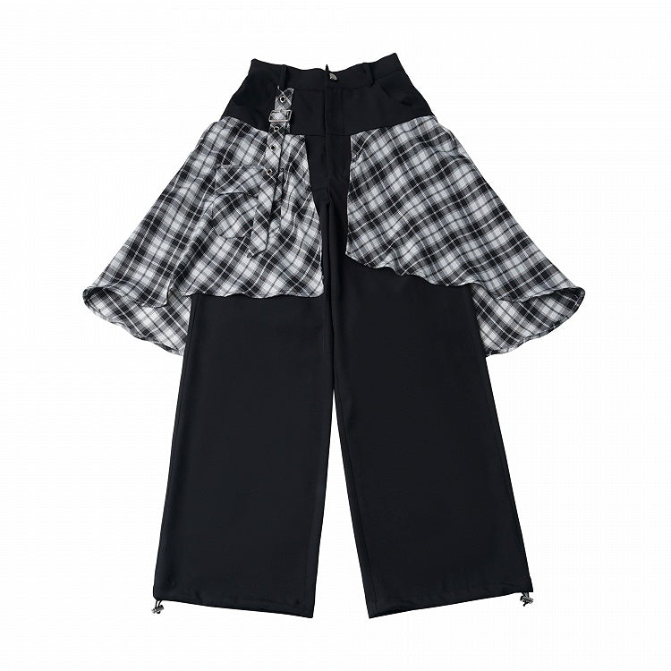 Asymmetrical Plaid Overlay Straight-Leg Pants - PINK SAVIOR