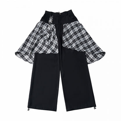 Asymmetrical Plaid Overlay Straight-Leg Pants - PINK SAVIOR