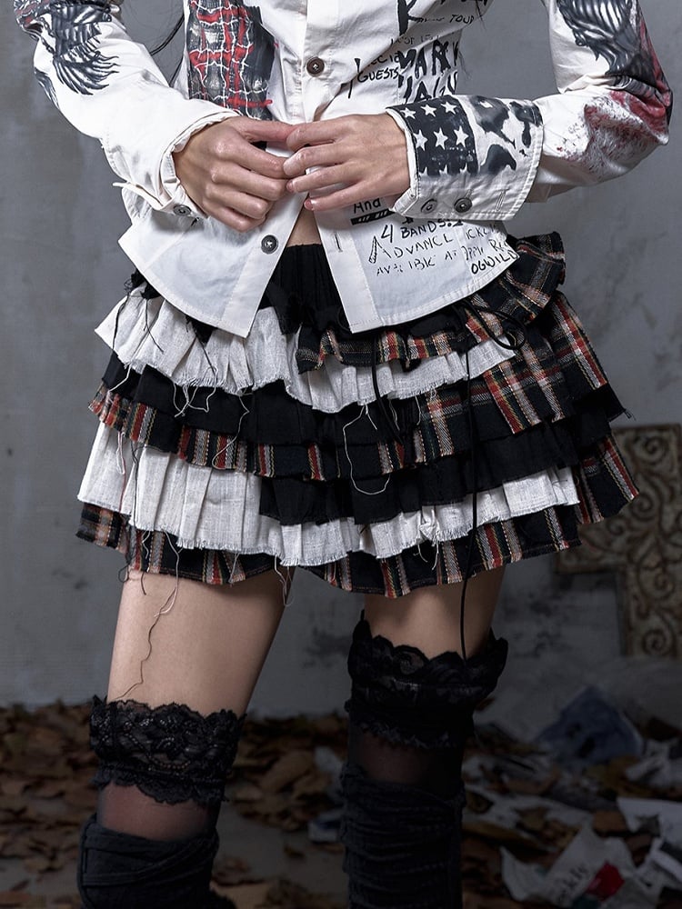 Vintage Punk Shorts Crisscross Plaid Black Skirt Tiered Built-In with Lacing