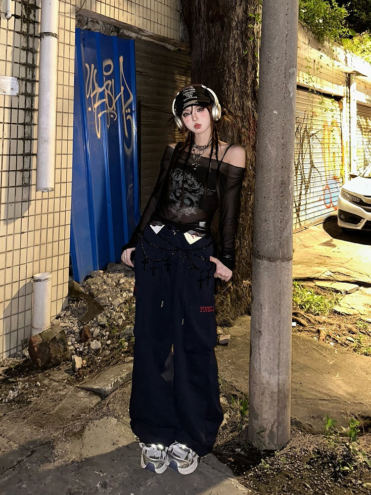 Klein Blue Wide-Leg Pants with Lettered Pocket Flaps and Foldover Waistband