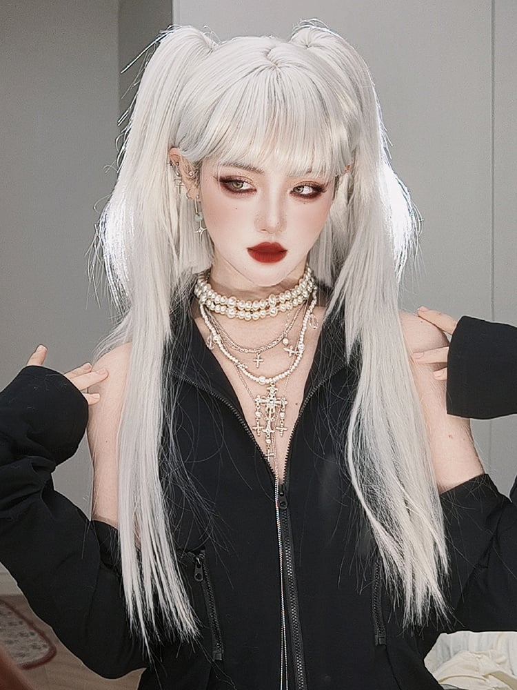 Weiße Hime Cut Lange Glatte Synthetische Perücke