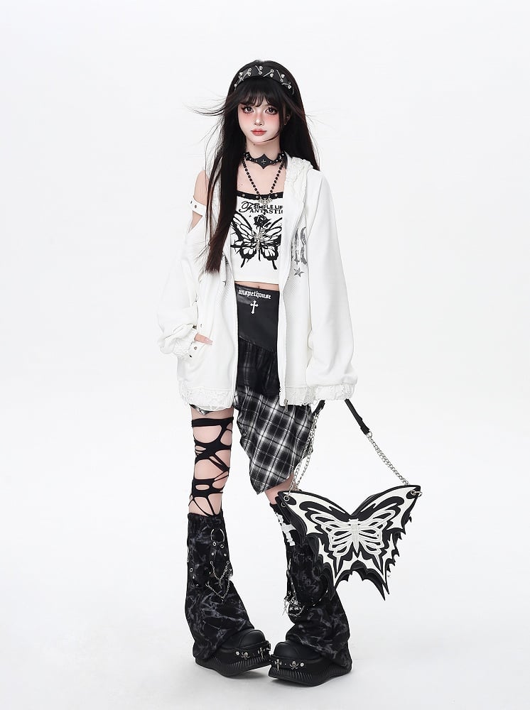 Kapuzenjacke mit Reißverschluss, Löchern im Used-Look und ausgeschnittener Schulterpartie, Weiß/Schwarz