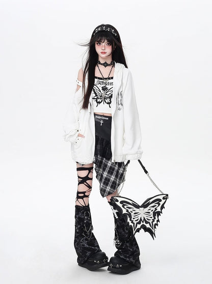 Kapuzenjacke mit Reißverschluss, Löchern im Used-Look und ausgeschnittener Schulterpartie, Weiß/Schwarz