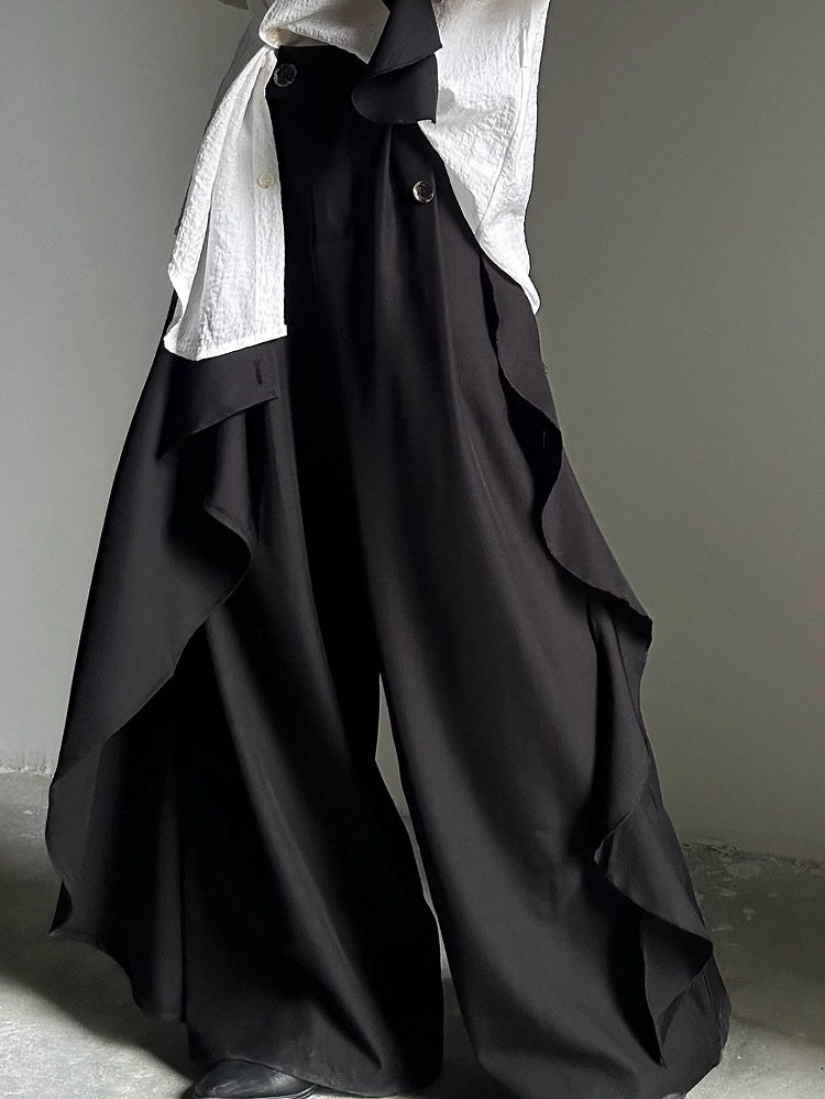 Accents with Zip Black Pants Ruffle Wide-leg Closure Ouji and - Cascading Button