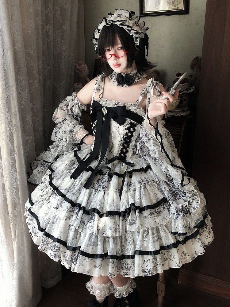Elegant Hanayome-Style Black & White Porcelain-Inspired 92CM-Length Lolita Princess Dress - Sleepless Star