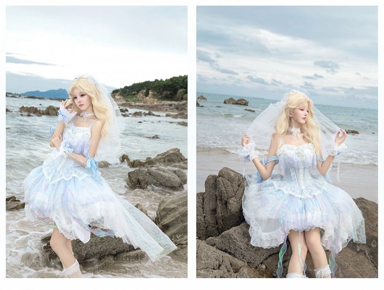 Wrist Head Veil Print Blue Choker + Fairy Dress JSK Ocean-themed Cuffs Lolita Corset