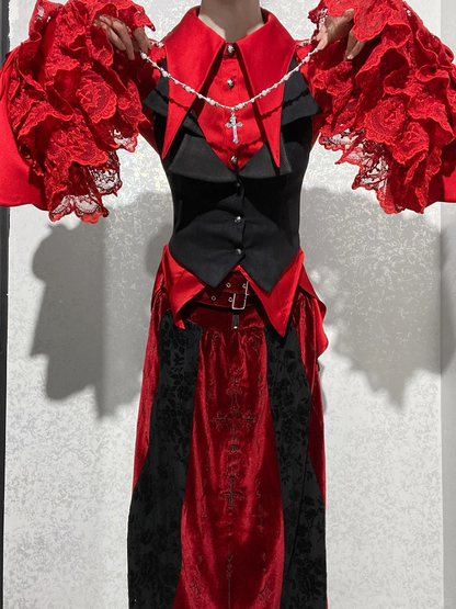 Tail Ouji Foldover Shirt Rot Langarm Spitzkragen Lolita BE004