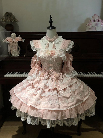 Flower Frog Waist Layered Chinoiserie Bows with Corset Pink Button Dress Lolita