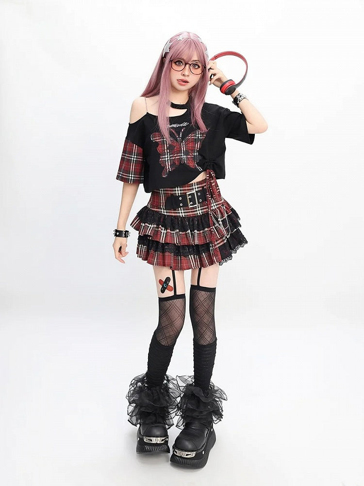 Tiered Skirt Lined Strap Trim Y2K Red Plaid Buckle Lace