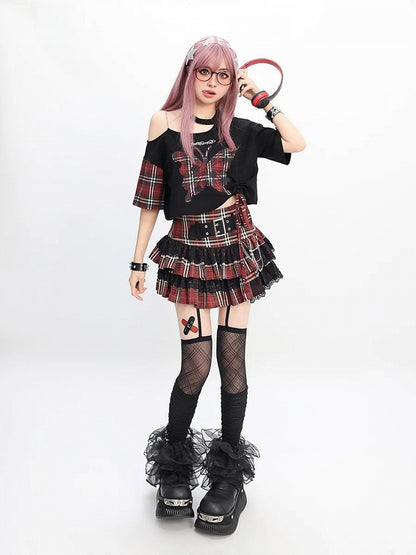 Stufenrock Gefütterter Riemenbesatz Y2K Rot Karierte Schnalle Spitze