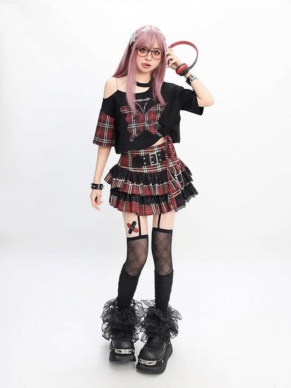 Red Butterfly Applique Black Asymmetrical Neckline T-Shirt Y2K Plaid
