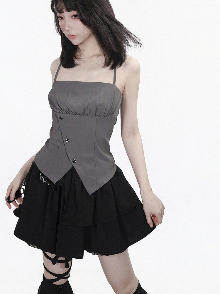 Gray Cropped Shirt with Leather Knot & Cami Set - PINK SAVIOR