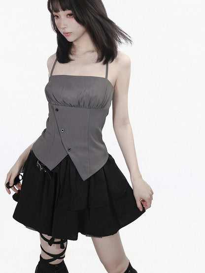 Gray Cropped Shirt with Leather Knot & Cami Set - PINK SAVIOR