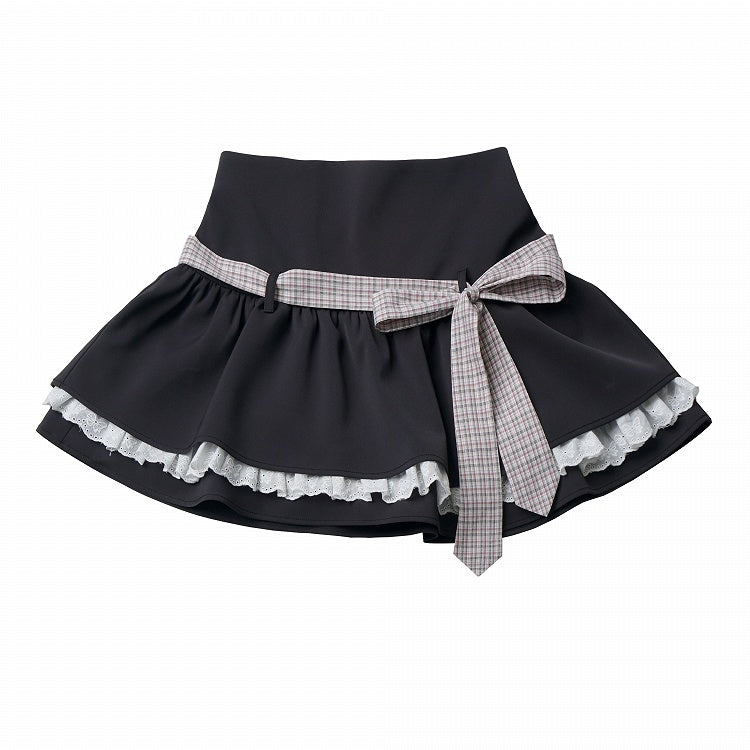 Dark Gray Double Layer Skirt with Lace Trim & Plaid Belt - PINK SAVIOR