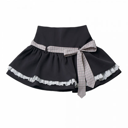 Dark Gray Double Layer Skirt with Lace Trim & Plaid Belt - PINK SAVIOR