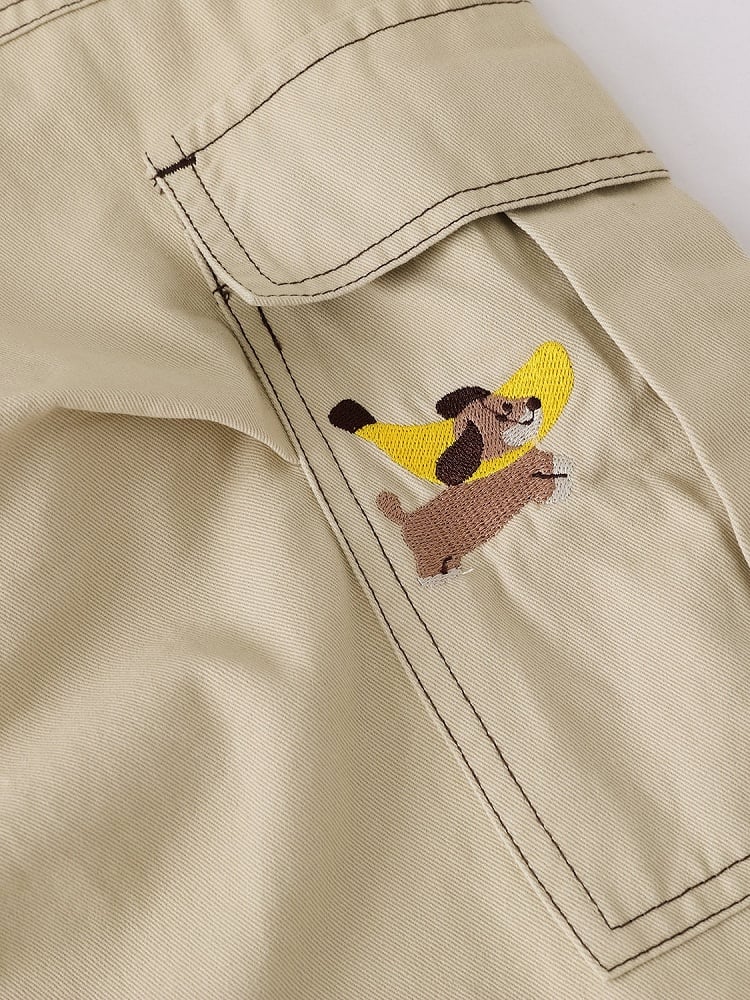 Khaki Cropped Cargo Shorts with Puppy Embroidery - Languid Park