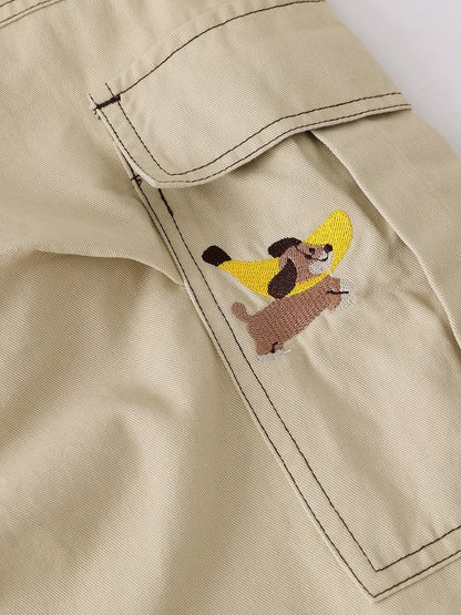 Khaki Cropped Cargo Shorts with Puppy Embroidery - Languid Park