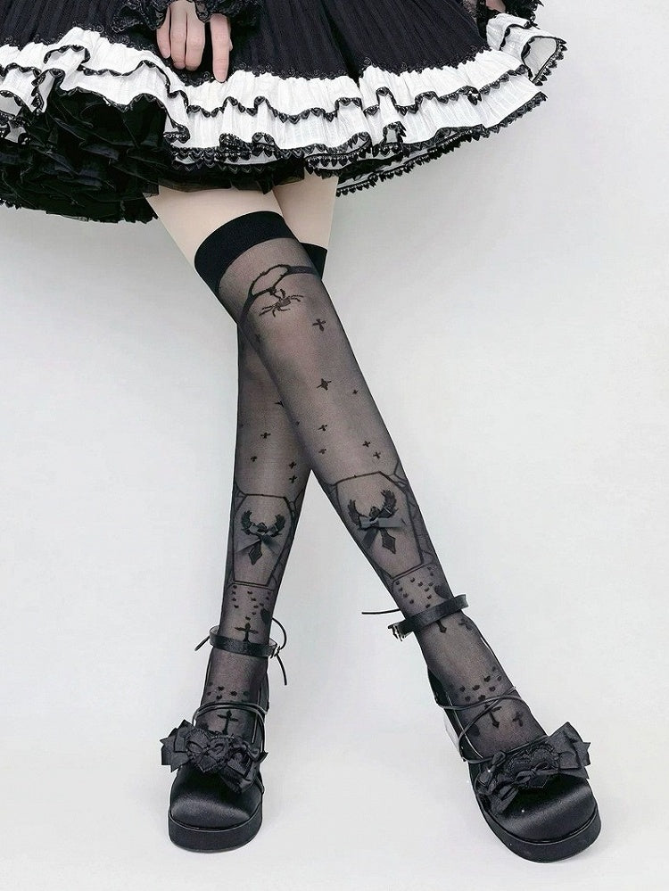 Sheer Lolita Overknee Stockings with Cross Print in Black or White - Milkcat Studio