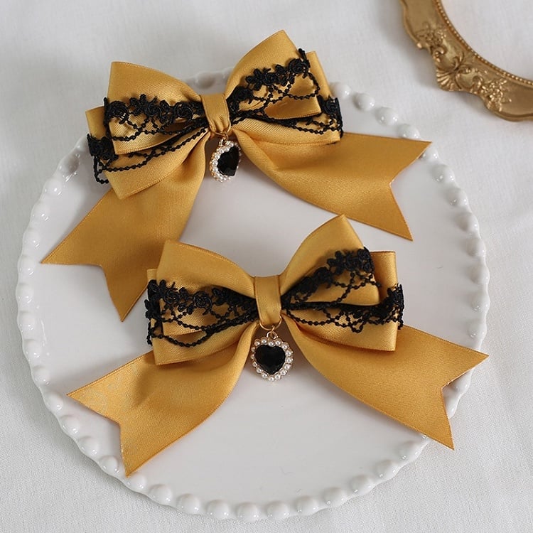 of Pair Lace Bowknot Charm A with Decorations Heart Colors Black 9 Hairclips