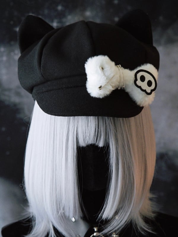 Applique Beret Bone Pin Cat Hat Plush Skeleton Design Decorated Ear Gothic Black