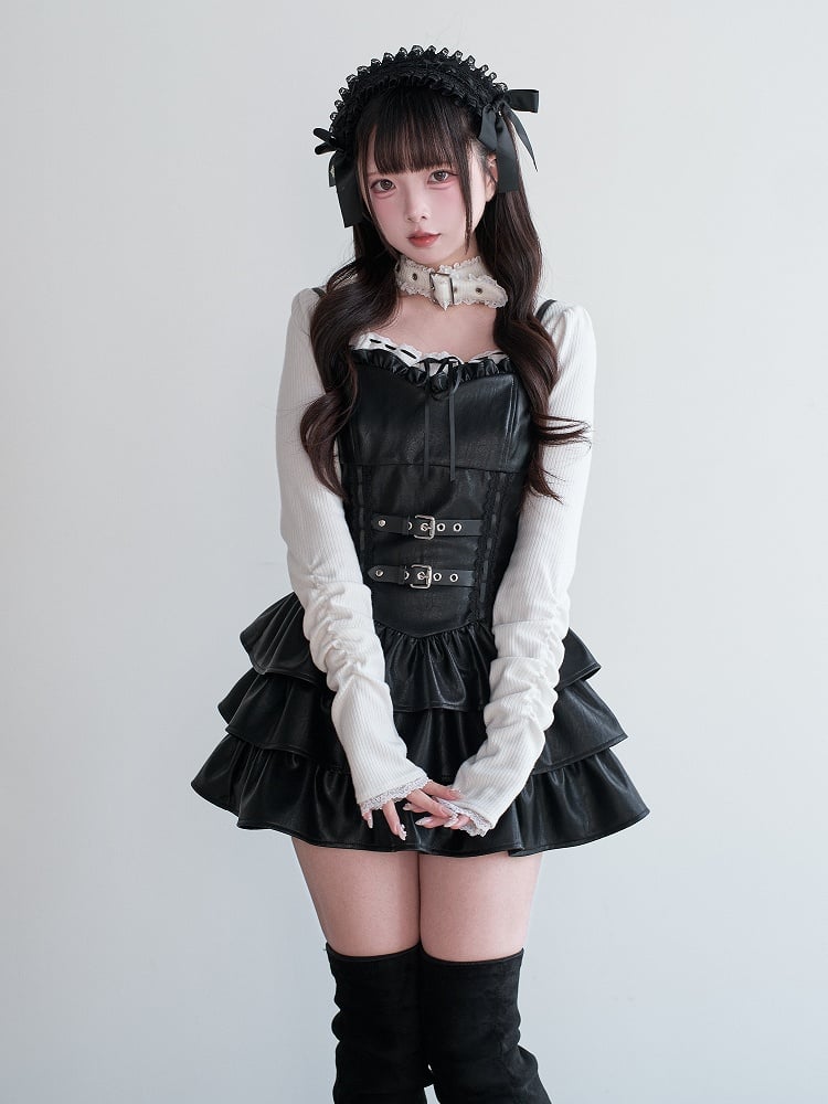Dress Ruffled Kei Leather Multi-Layer Jirai Suspender Black
