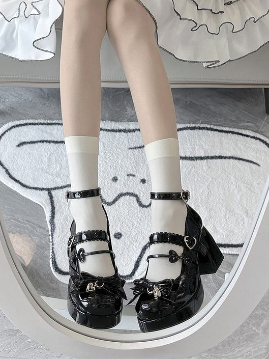 Bows Snap with Lolita Shoes Black Heart-Shaped Elegant High-heel