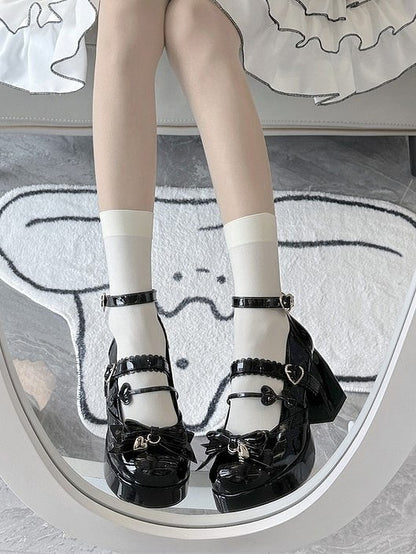 Bows Snap with Lolita Shoes Black Heart-Shaped Elegant High-heel