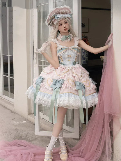 Mintgrünes Schleifen-Rosa und Blaues süßes Lolita-Korsettkleid mit Choker