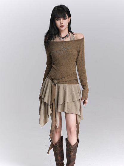 Khaki Faux Skirt Off-Shoulder Halter Handkerchief Two-Piece Hem Tiered Top Dress: Coffee Gothic