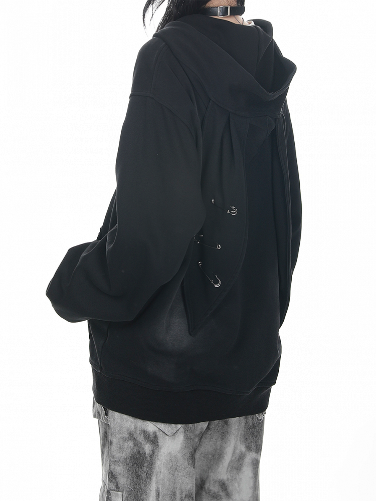 Schwarzer Vintage Punk Bunny Ear Hoodie mit Reißverschluss