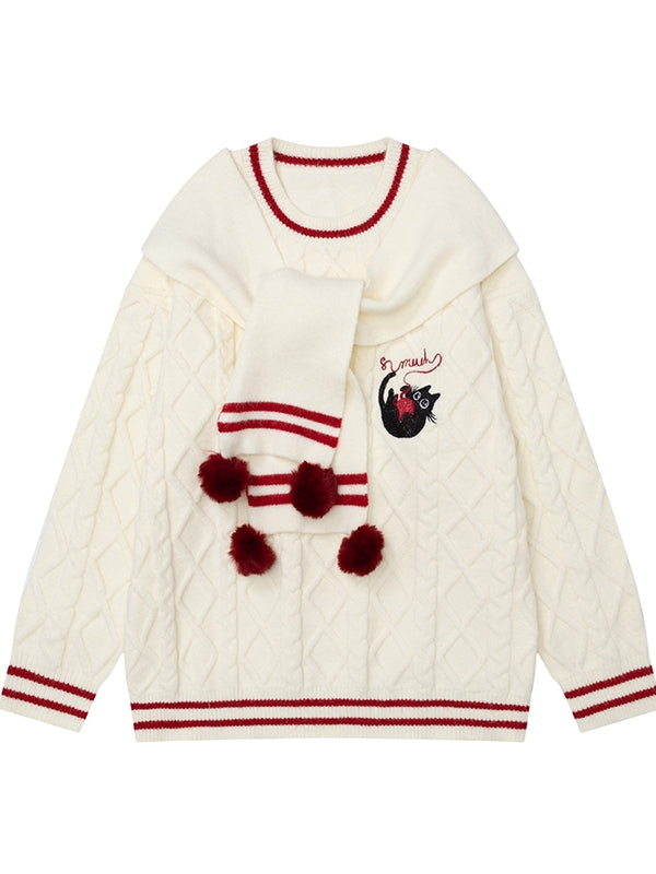 White Kitty Embroidery Scarf Round Neck Christmas Sweater