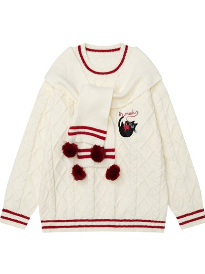 White Kitty Embroidery Scarf Round Neck Christmas Sweater