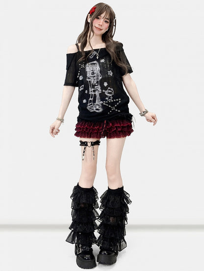 Girl Studs T-shirt Off-the-shoulder Black Details Print Cartoon Neckline