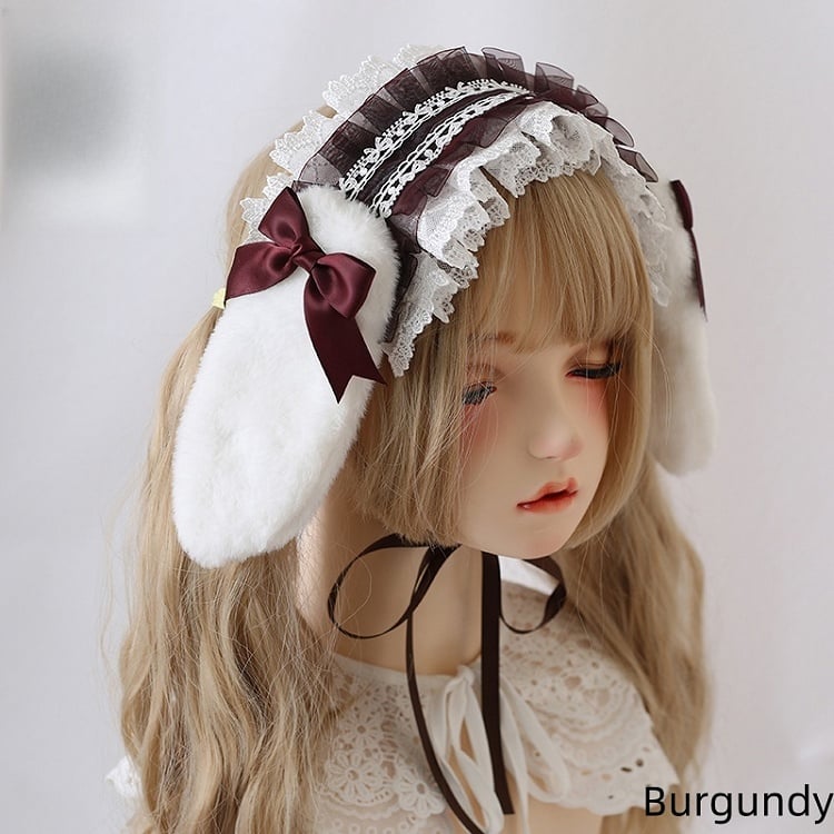 8 Colors Cute Lolita Lace Hairband With Detachable Bowknot And Plush Bunny Ears