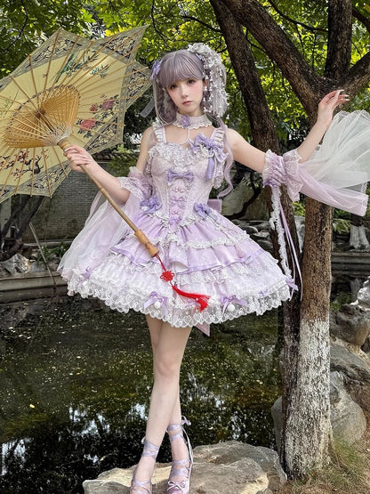 und Ketten Kleid Blume Lolita Taille Qi Korsett Schleife Perle Lila Akzente