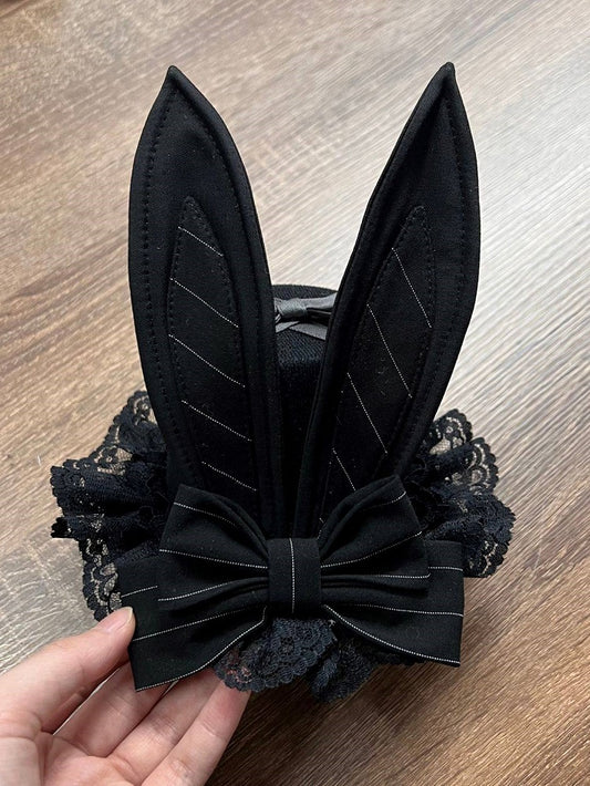 Details with Hat Design Mini Ear and Lace Bunny Lolita Bow Black