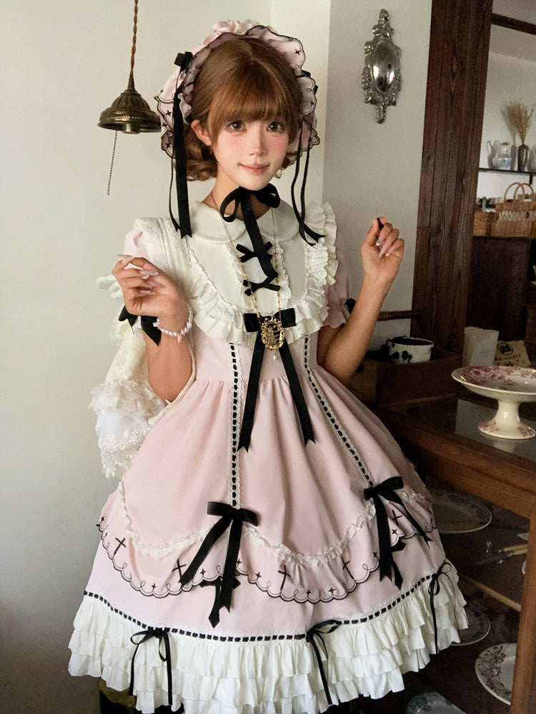 Short Sleeve Lolita OP with Cross Pattern & Ruffle Detail in Pink, Black Bow Accents - MUYU