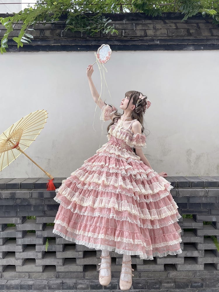 Lolita Rüschen Mehrlagig Süße Träger Stickerei und mit Kleid Rosa Verstellbar Goldfisch