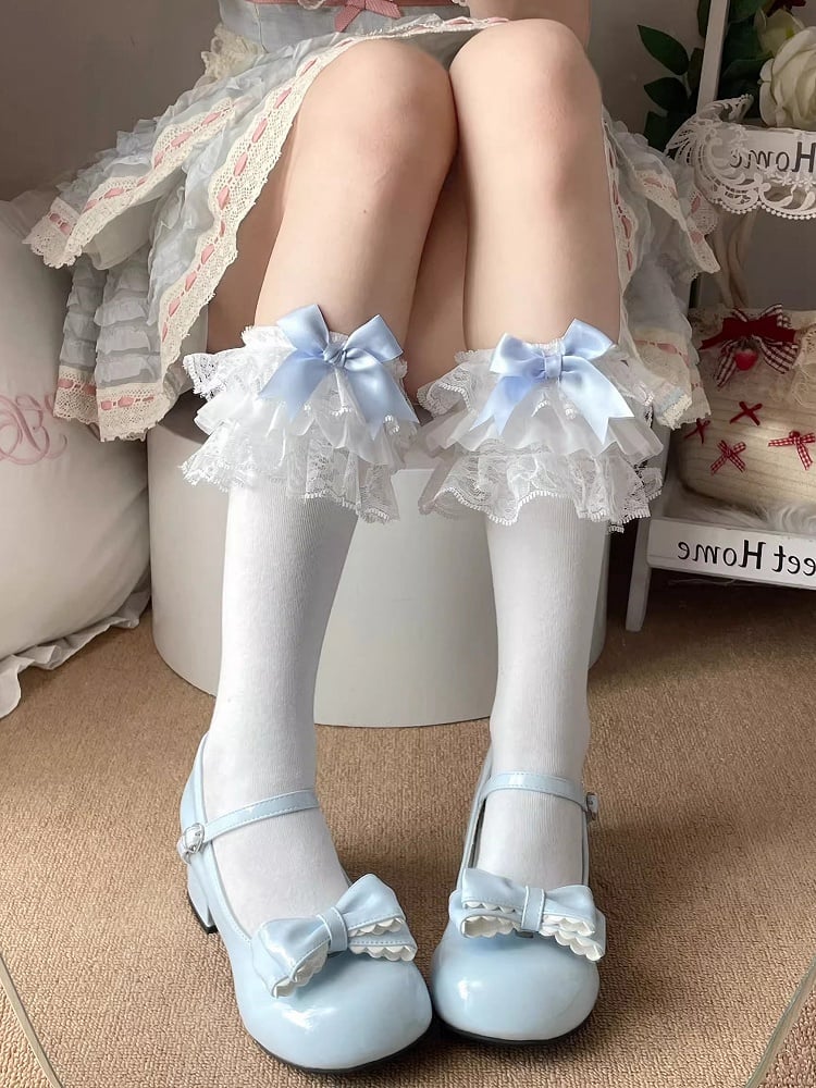 Socks Cuff Ruffle Blue/White/Pink Bow Calf Lace