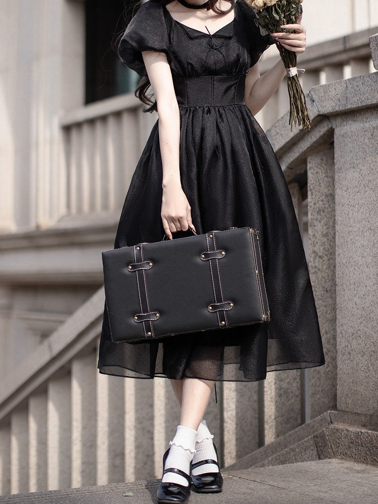 Kleid mit Stäbchen, Puffärmeln, hoher Taille, elegant, schwarze Ärmel