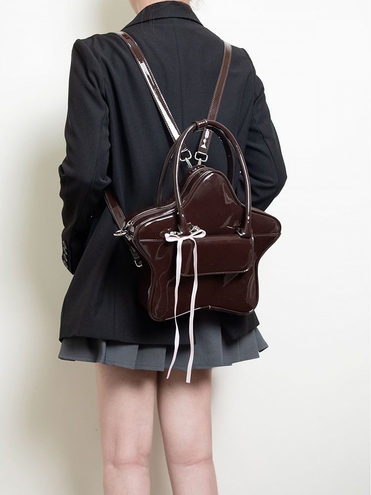 3-Way With Ribbon Bow Kawaii Glossy Black Star-Shaped Handbag
