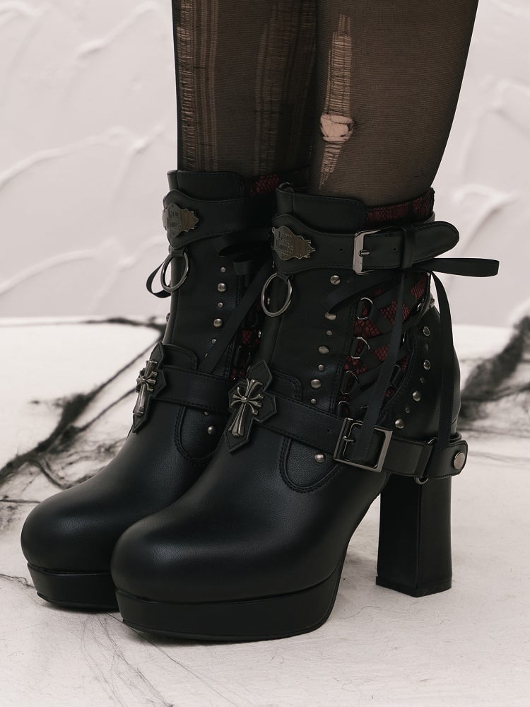 Gothic Lacing Crisscross Studded System PU Dual Black Fastening Boots Details - with High-heel Ankle