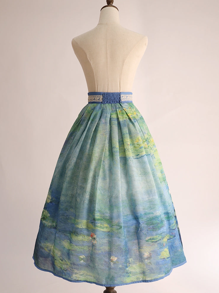 Lily Oil Painting Print Blue Green High Long/Short and Water Waist Skirt Version