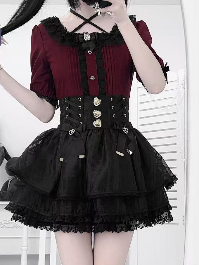 Wine Rhinestones Red Square Neckline Jirai Kei Blouse with Pleating Details  Heart