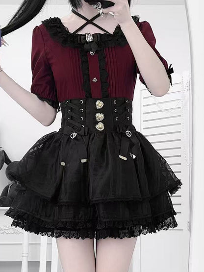 Wine Rhinestones Red Square Neckline Jirai Kei Blouse with Pleating Details  Heart