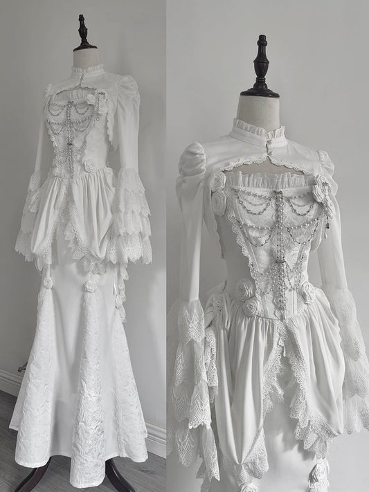 Top Drawstring Hem Train with Gothic Boned Lolita White Corset