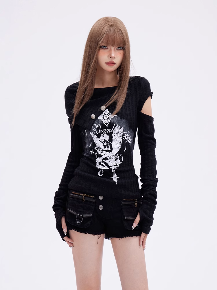 Print Glamorous Knitted Gothic Black Angel Top with Detachable Sleeves