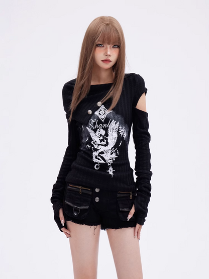Print Glamorous Knitted Gothic Black Angel Top with Detachable Sleeves